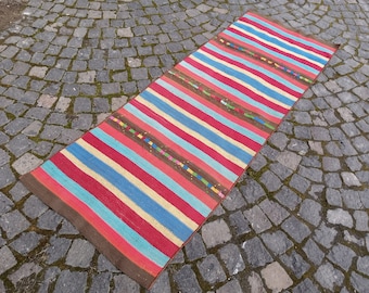 Alfombra Kilim turca vintage de lana de colores, 1,9 x 0,6 m