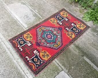 Handmade Wool Turkish Mini Rug: Colorful Vintage Doormat (1.7x3.3 ft) bedroom Blue rugs.