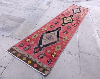 Long Kilim Runner Rug: 13.5x2.9 ft, Vintage Turkish Handmade Wool