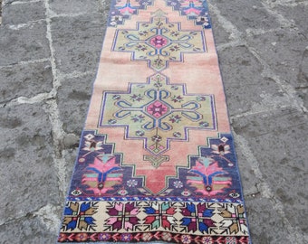Vintage Pink Turkish Runner Rug: Handmade Wool Hallway Decor (7.6x2.4 ft)