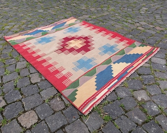 Alfombra Kilim turca vintage: alfombra de área de lana tejida plana (3,9 x 2,9 pies)