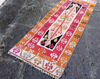 Alfombra Kilim turca vintage: 2,2 x 7,3 m, decoración de lana hecha a mano