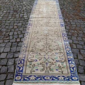 Blue runner rug, turkish Vintage runner, kitchen runner Rug, Hallway runner, 10x2.6 ft Runner, anatolian Blue runner rug