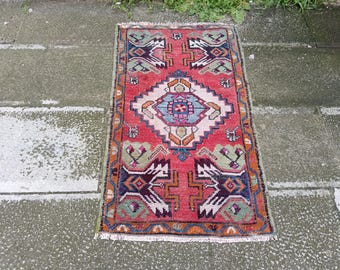 Vintage Turks kelimtapijt: 1,5 x 2,9 ft, wollen entreetapijt