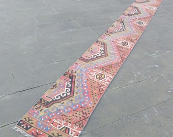 Alfombra Kilim turca vintage: lana plana y estrecha (3,9 x 4,5 m)