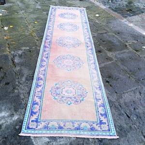 Runner Vintage blue Rug, 9.4x2.5 ft Runner vintage Rug, area runner blue Rug, kitchen decor rug blue, hallway runner rug, turkish runner Rug