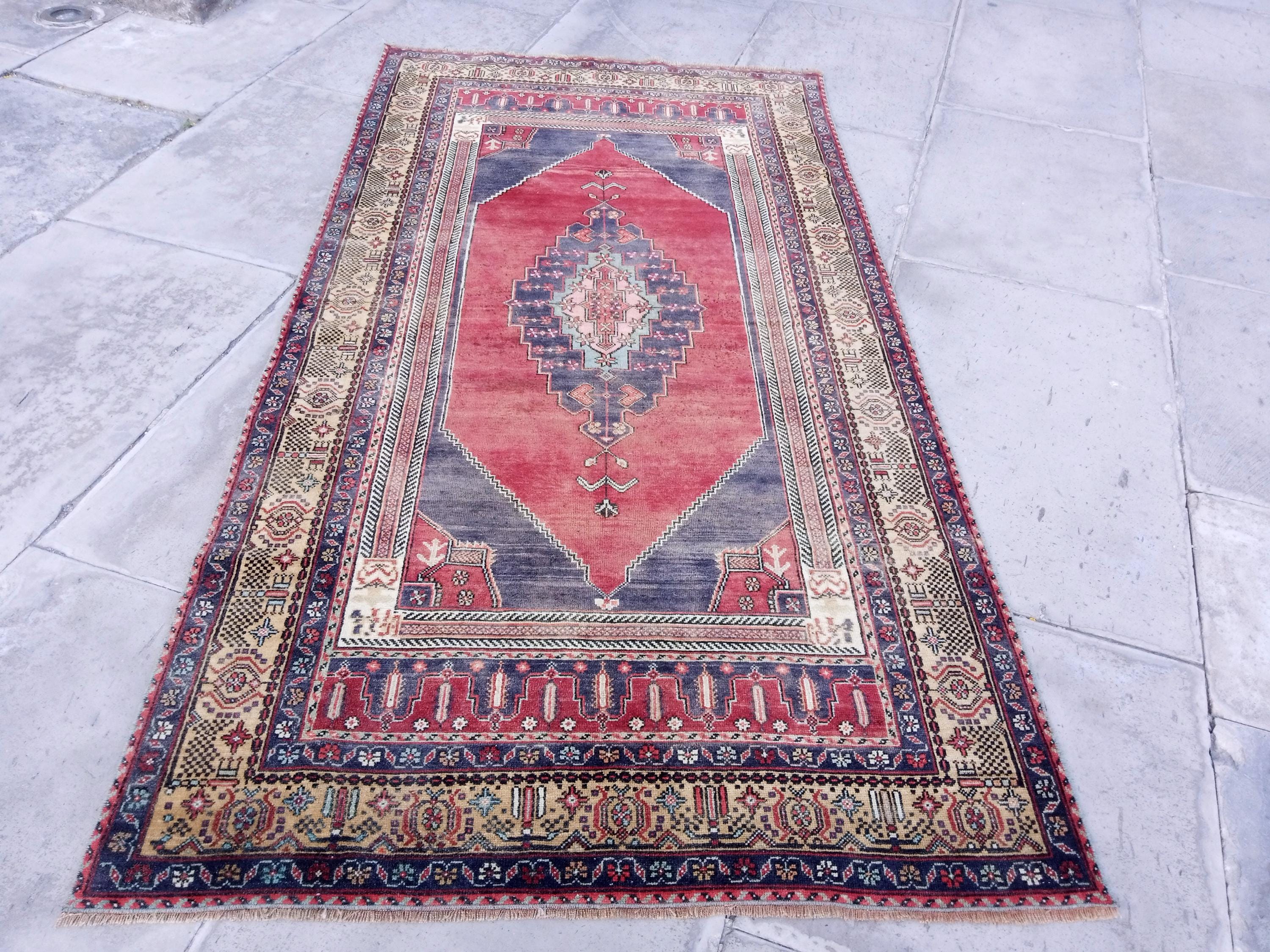 ヴィンテージブルートルコラグ：8.4x4.2フィートウールボヘミアン