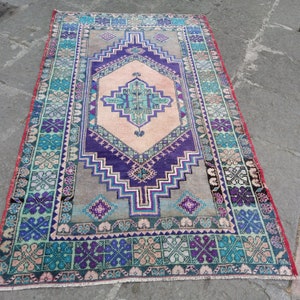 Vintage Blue rare turkish Rug, 6.7x3.6 ft saloon rug Decor turkish, Area wool RUG Boho, home Decor , Handmade Rare Rug Accent livin room red
