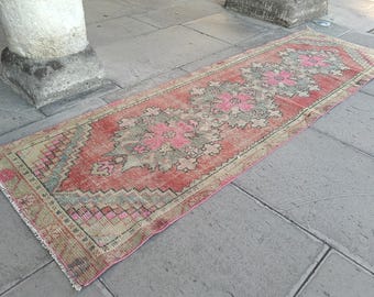 Vintage Pink Turkish Runner Rug: 8.7x2.6 ft, Handmade Wool Kitchen Decor