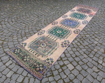 Handmade Pink Turkish Runner Rug: Wool Hallway Rug (12x2.9 ft)