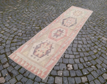 Vintage Turkish Kilim Runner Rug: Handwoven Wool, 9.2 x 2.5 ft, Pastel