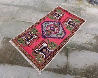 Petit tapis turc RUG, petite décoration de cuisine, mini tapis paillasson, tapis de bain rose, tapis en laine, petit cadeau de 3,2 x 1,7 pi fait main