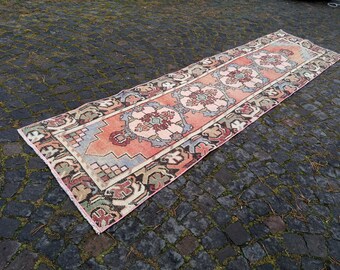 Vintage Turkish Runner Rug: Handmade Wool Pink Area Rug (9.9x2.5 ft)