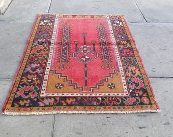 Vintage türkischer Mini Teppich: 3x2,5 ft, Kleiner Handgemachter Dekor Teppich aus Wolle