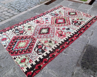 Handmade Turkish Kilim Rug: Vintage Wool Area Rug, 8.7x4.9 FT