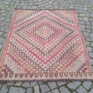 Vintage Turkish Kilim Rug: Embroidered Wool Anatolian Decor (4.6x3.9 FT)
