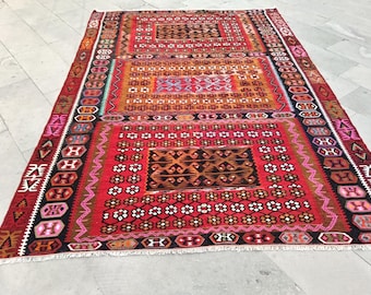 Turkish large Kilim Rug: 9x6.2 ft, Handmade big Wool Vintage Saloon Rug