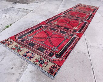 Handmade Wool Turkish Runner Rug: 11.2 x 2.5 ft, Pink Hallway Rug