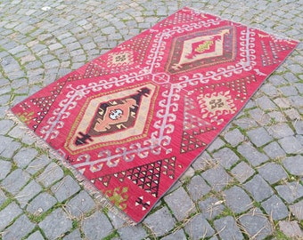 Alfombra Kilim roja hecha a mano: lana turca, decoración infantil (1,6 x 0,9 m)