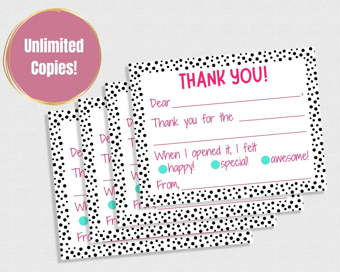 Printable Kids Fill in the Blank Thank You Card, Black and Pink Thank
