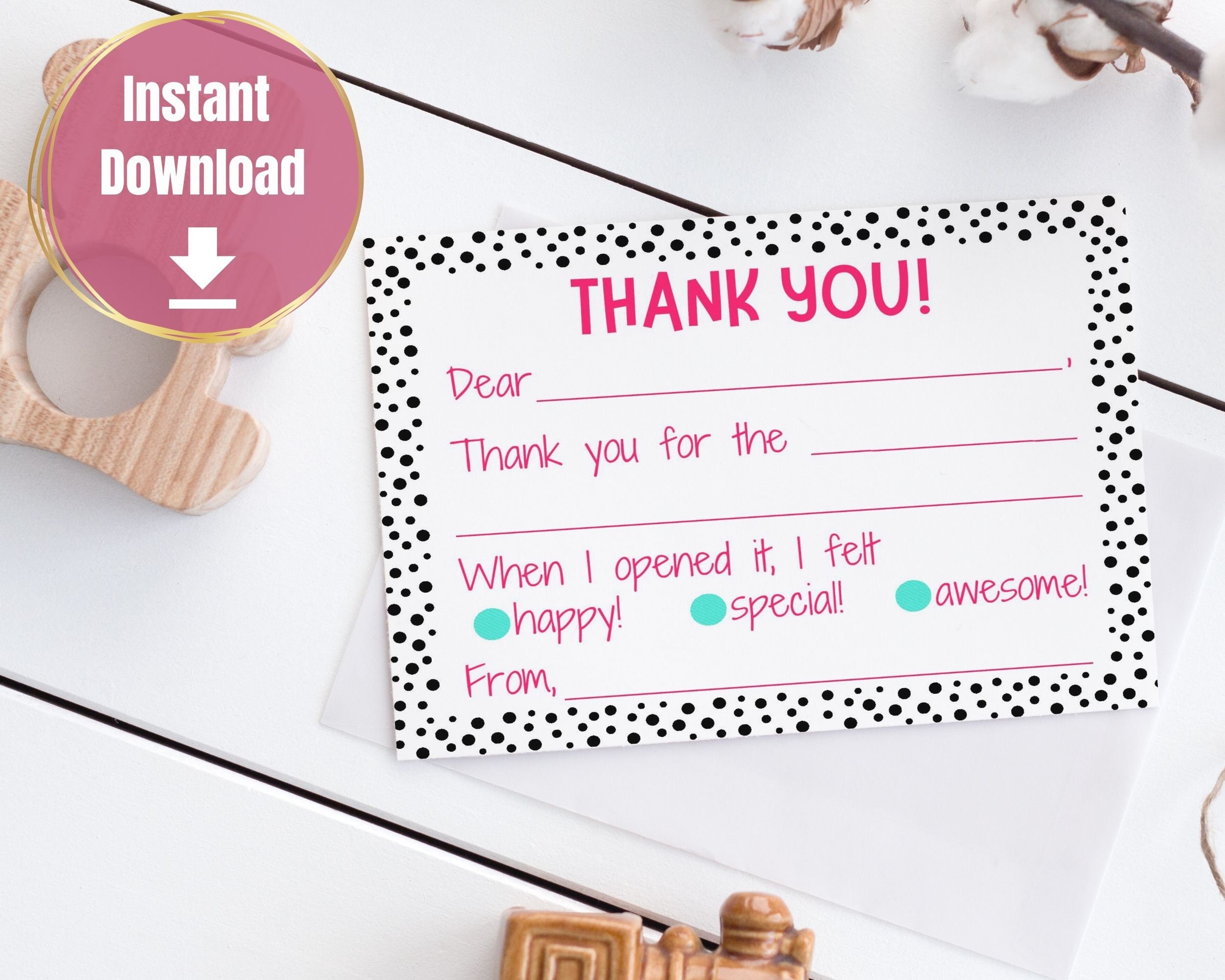 Printable Kids Fill in the Blank Thank You Card, Black and Pink Thank