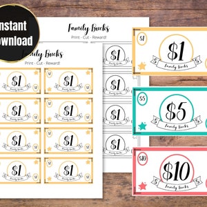 Puede incluir: Billetes de familia imprimibles en denominaciones de $ 1, $ 5 y $ 10. Los billetes son amarillos, verde azulado y rosados con texto negro y estrellas. El texto "Family Bucks" está impreso en cada billete.