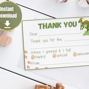 Afdrukbare kinderen vullen het blanco bedankje in, Kids Dinosaur Bedankkaart