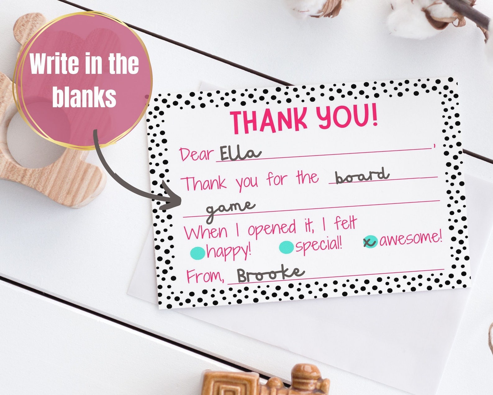Printable Kids Fill in the Blank Thank You Card, Black and Pink Thank