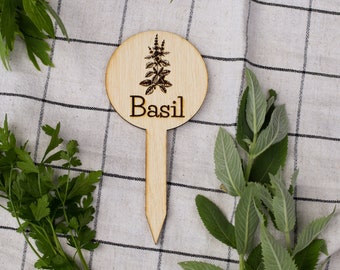 Herb tag BASIL laser cut plywood kitchen decor garden stakes ecofriendly plant marker sign label