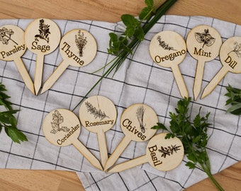 Set of 10 herb tags laser cut plywood kitchen decor garden stakes basil mint rosemary ecofriendly plant marker sign label