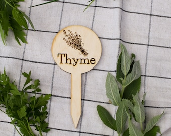 Herb tag THYME laser cut plywood kitchen decor garden stakes ecofriendly plant marker sign label