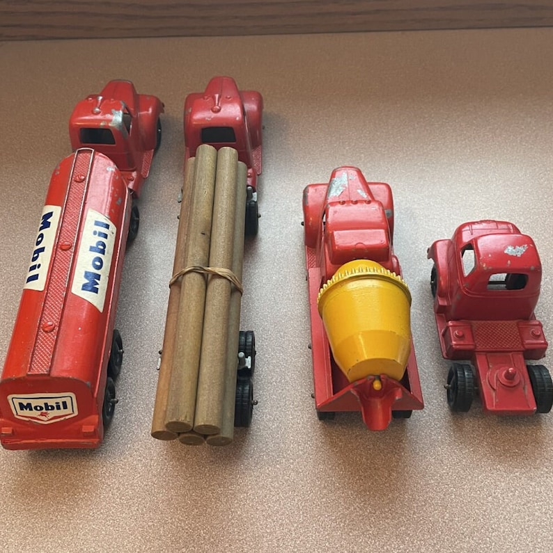 Vintage Tootsie Toy Mobile Tanker Toy and Log Truck and Semi Truck and