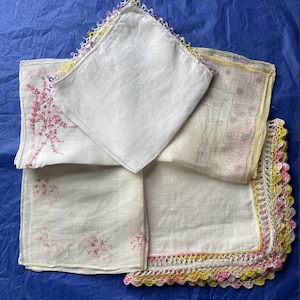 1950s Collection of 5 Pastel Cotton and Linen and Silk and Crocheted Edge Handkerchiefs, Vintage Pastel Handkerchiefs
