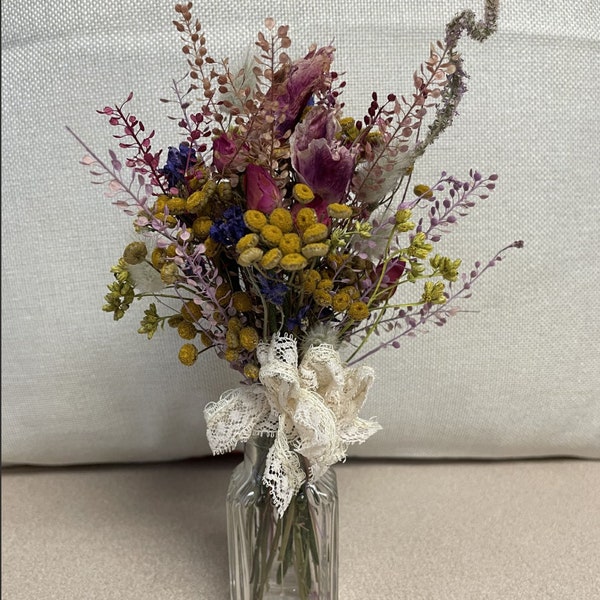 Spring Dried Flower Arrangement in a 1920s Gebhardt Chili Powder Bottle, Yellow and Pink Dried Flower Bouquet in a Vintage Spice Bottle