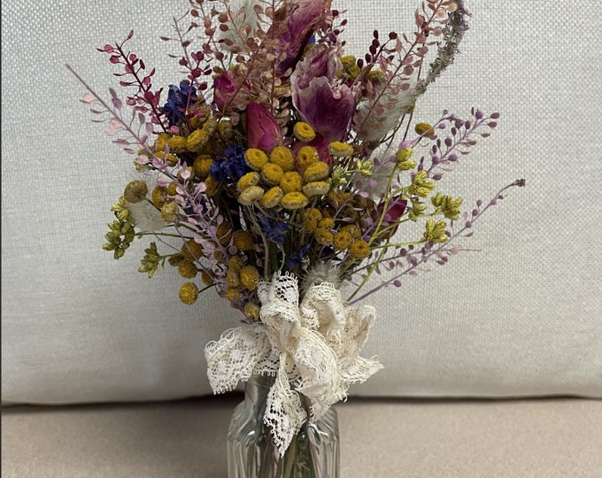 Spring Dried Flower Arrangement in a 1920s Gebhardt Chili Powder Bottle, Yellow and Pink Dried Flower Bouquet in a Vintage Spice Bottle