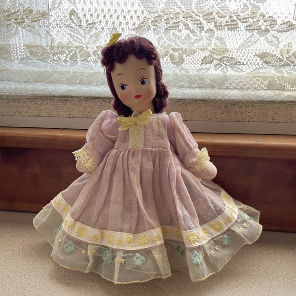 Vintage 1960's Cloth Doll with Hand-Painted Cloth Covered Soft Plastic Face, 1960's Cloth Doll Hand-Painted Cloth Covered Soft Plastic Face