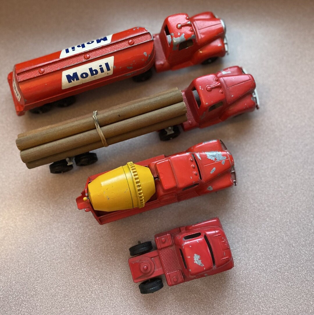 Vintage Tootsie Toy Mobile Tanker Toy and Log Truck and Semi Truck and
