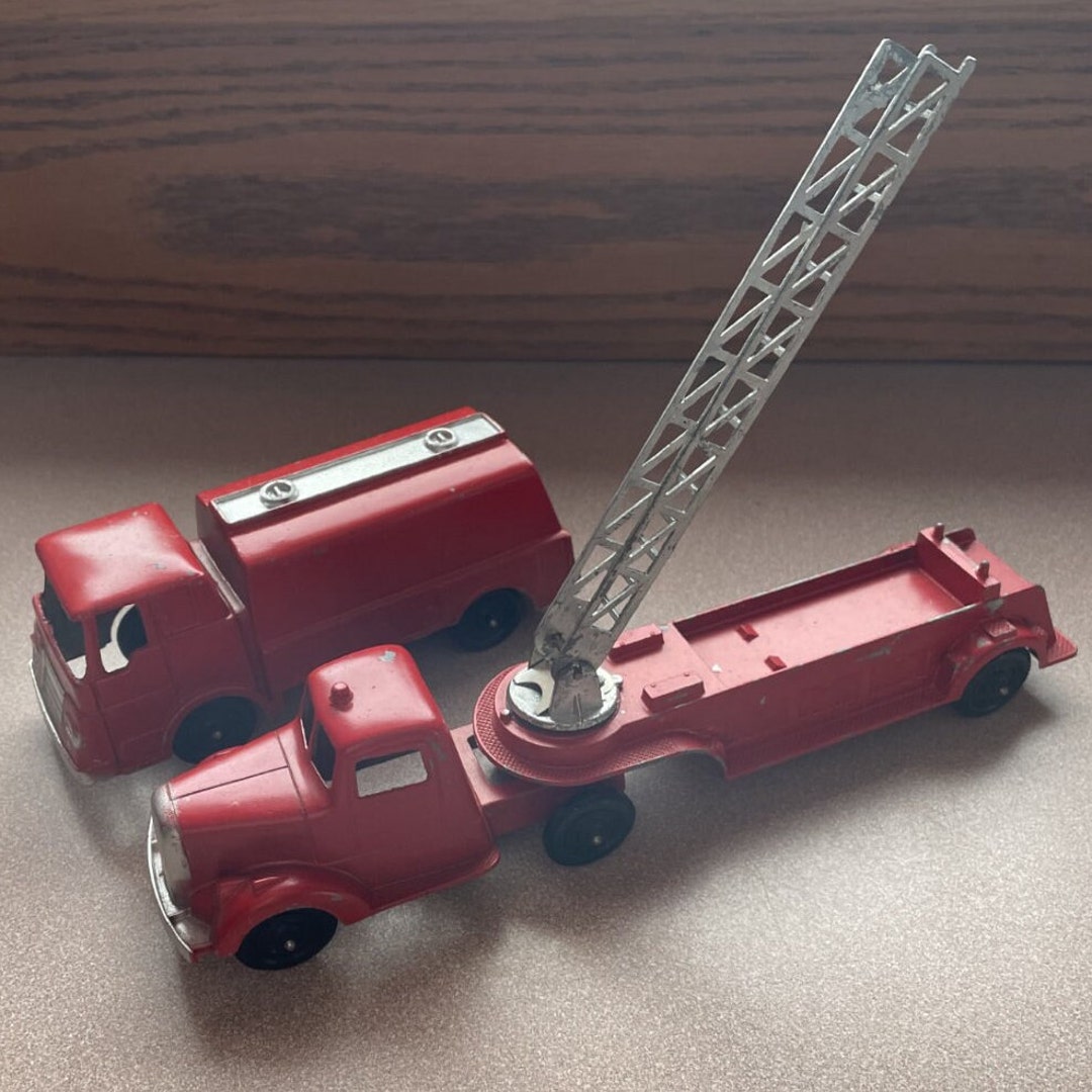 Two Tootsie Toy Diecast Fire Trucks, Tootsie Toy Lline Ariel Hook and