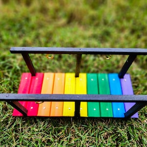 May include: A rainbow-colored wooden bridge with two black metal bars and two gold rings. The bridge is sitting on a bed of green grass.