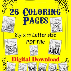 May include: A set of 26 printable coloring pages featuring an alphabet letter and an animal illustration. The pages are 8.5 x 11 inches and are available as a digital download in PDF format.