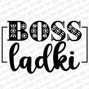 Puede incluir: Diseño gráfico en blanco y negro con el texto "BOSS ladki" en una fuente decorativa. La palabra "BOSS" tiene un diseño floral.