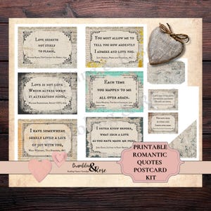 Cartoline con citazioni di libri romantici stampabili, effimeri diari letterari, diari di nozze, kit di album romantici, biglietti con citazioni d'amore, collage