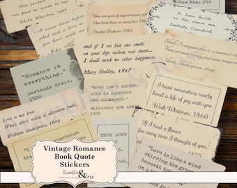 Romantic book quote stickers, Literary quotes from vintage novels, Love quotes, Romance junk journal, Poetry, Scrapbook Ephemera, Historical