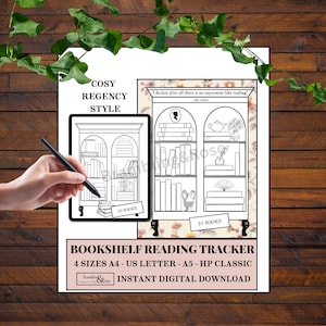 May include: A black and white bookshelf reading tracker with the text "COSY REGENCY STYLE". The tracker includes illustrations of bookshelves and the text "50 BOOKS" and "25 BOOKS". The text "BOOKSHELF READING TRACKER" is also present.