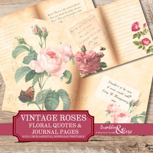 Roses journal pages, Literary quotes, Floral, Junk journal, Papers, Lined, Vintage, Wild flowers, Garden, Summer, Romantic, Digital download