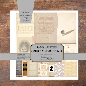 Jane Austen junk journal kit, Pride and Prejudice scrapbook pages, Regency romantic papers, Digital vintage sheets, Old letters, Journaling