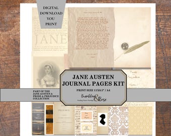Jane Austen Junk Journal Kit, Stolz und Vorurteil Scrapbook Seiten, Regency romantische Papiere, Digitale vintage Blätter, Alte Briefe, Journaling