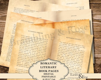 Printable romantic novel pages for collage and journaling, Famous authors Jane Austen, Emily Bronte etc, Classic romance, Love quotes