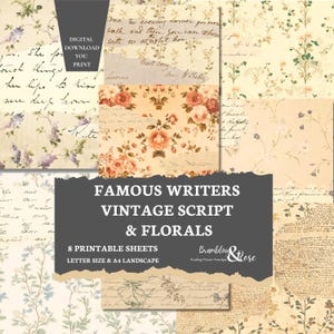 Páginas de diario de recortes con escritura floral vintage, cartas de autoras como Jane Austen, Brontë y Dickinson, papel para álbum de recortes literario, descarga digital imprimible.