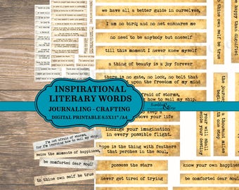Inspirational words, Literary quotes, Junk journal phrases, Positive sentiments, Printable bookish ephemera, Collage sheet, Scrapbooking,